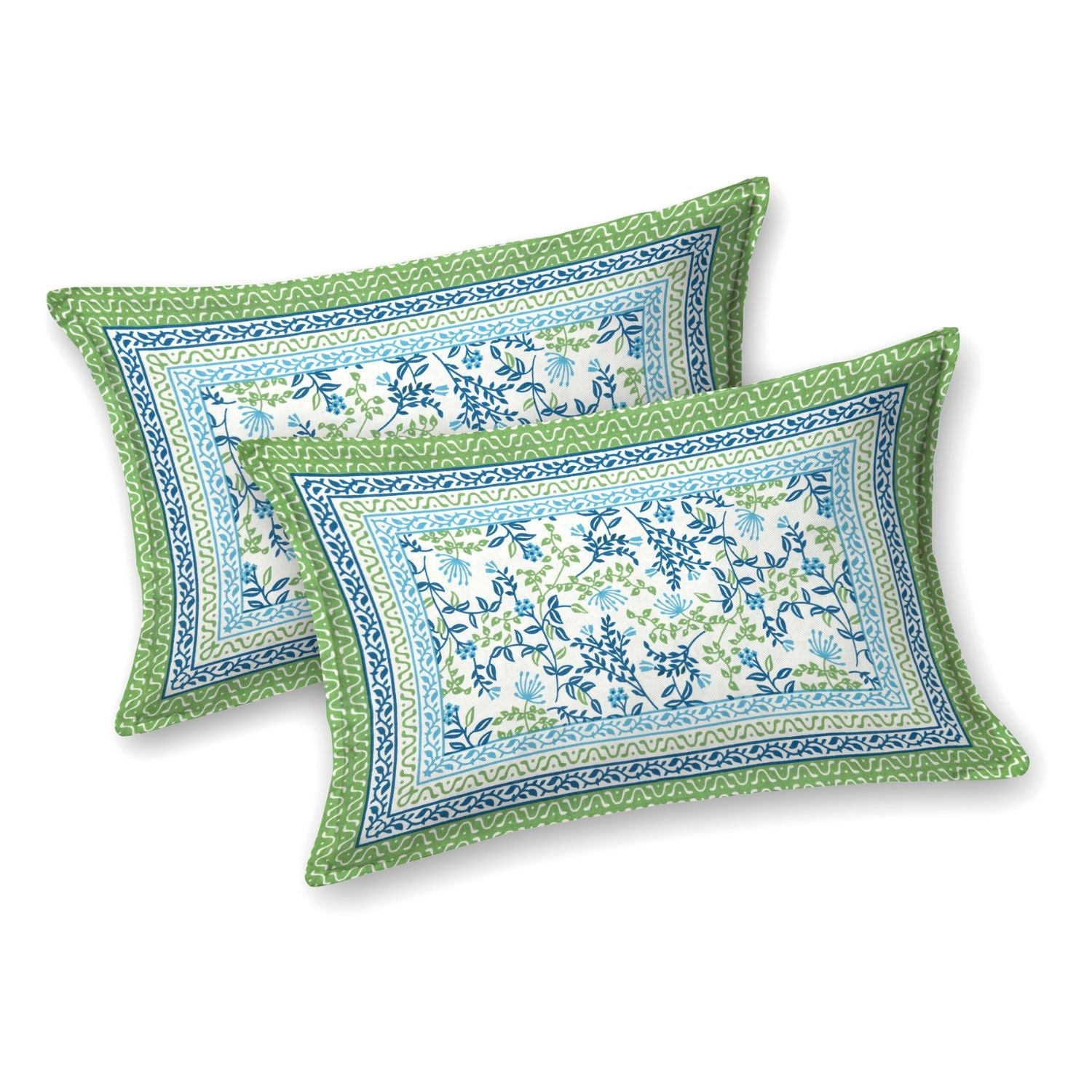 Pure Cotton King Size Floral Jaipuri Prints Flat Bedsheet (Green)