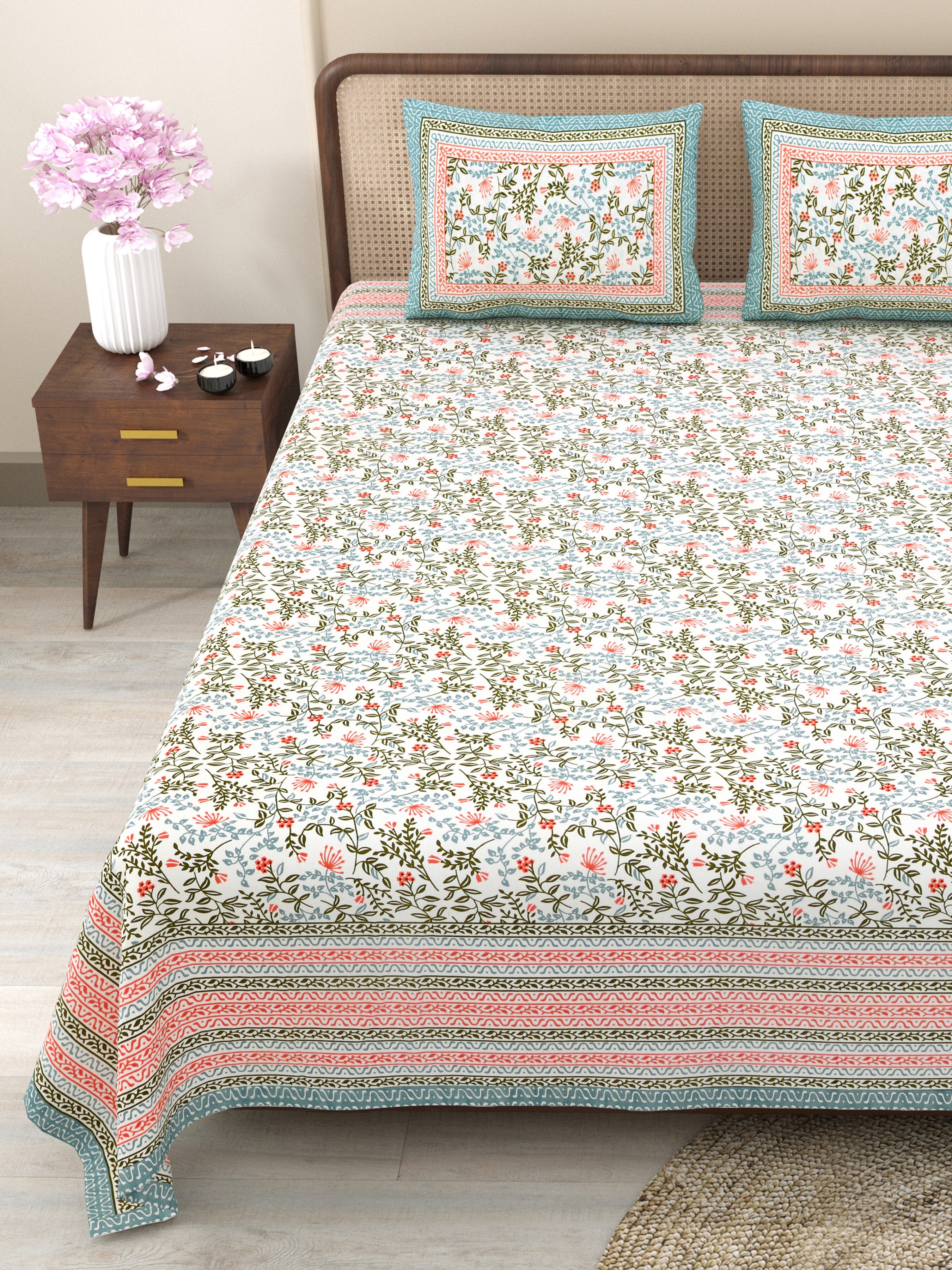 Pure Cotton King Size Floral Jaipuri Prints Flat Bedsheet (Brown)