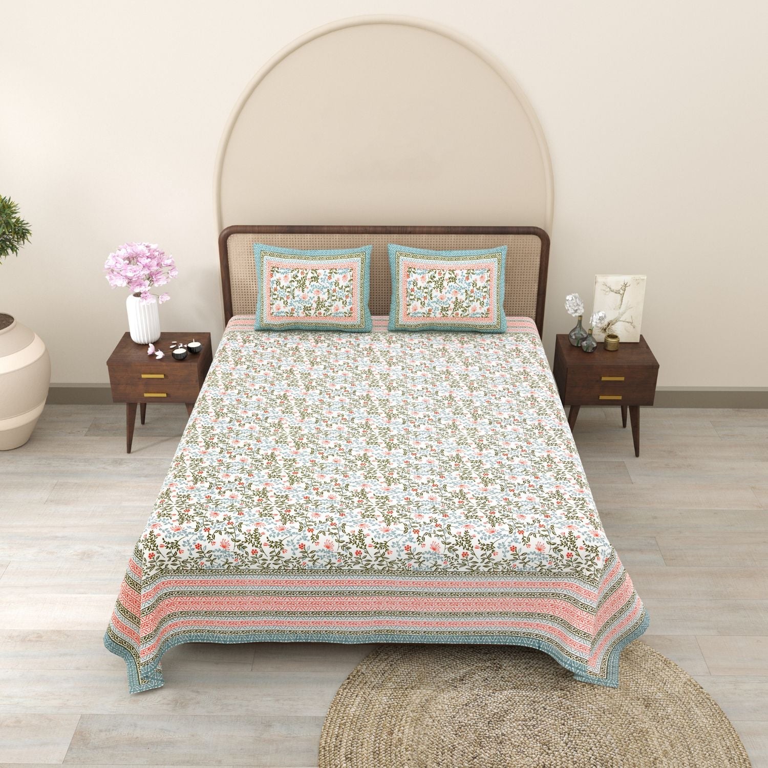 Pure Cotton King Size Floral Jaipuri Prints Flat Bedsheet (Brown)