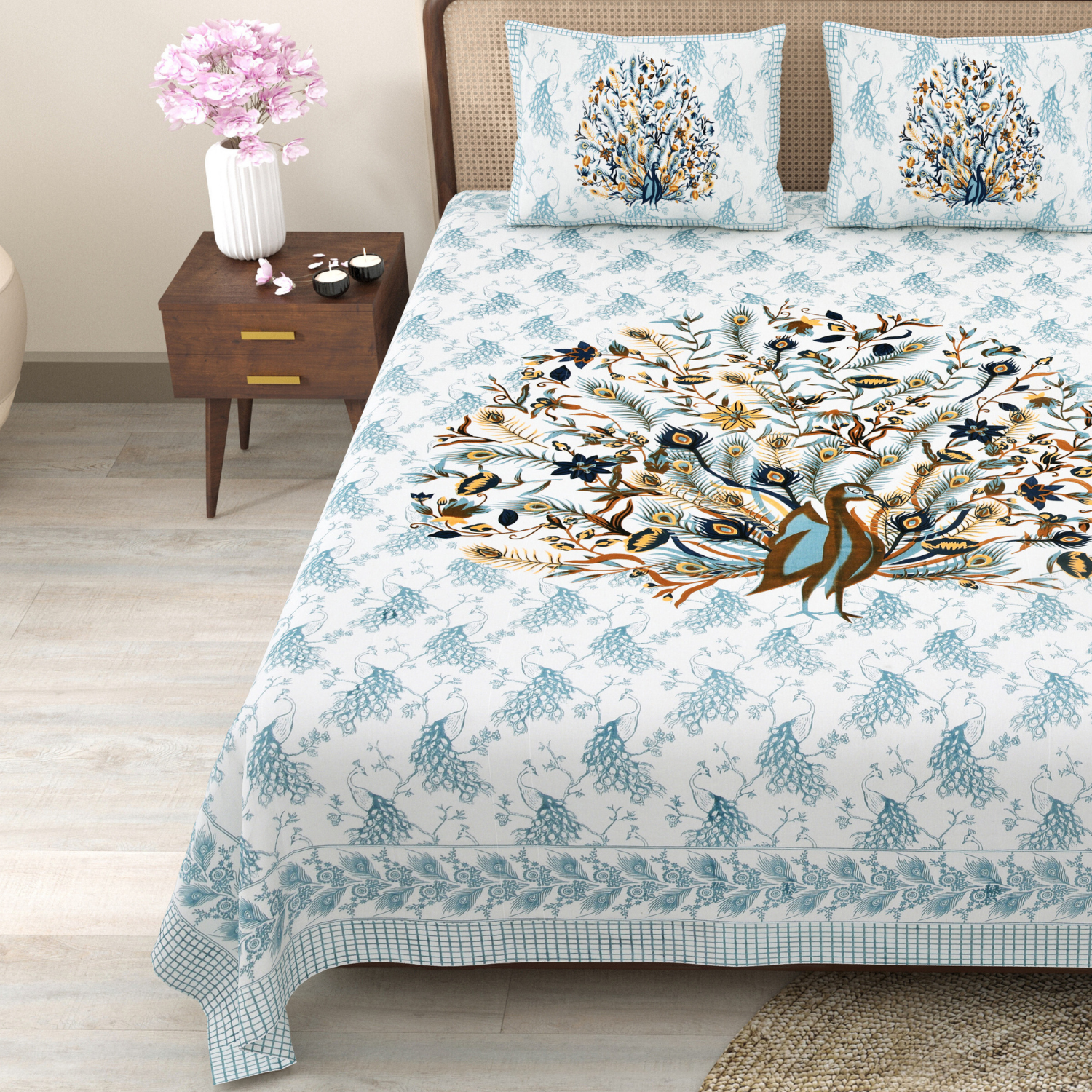 Pure Cotton King Size Peacock Jaipuri Prints Flat Bedsheet (Blue, Brown)