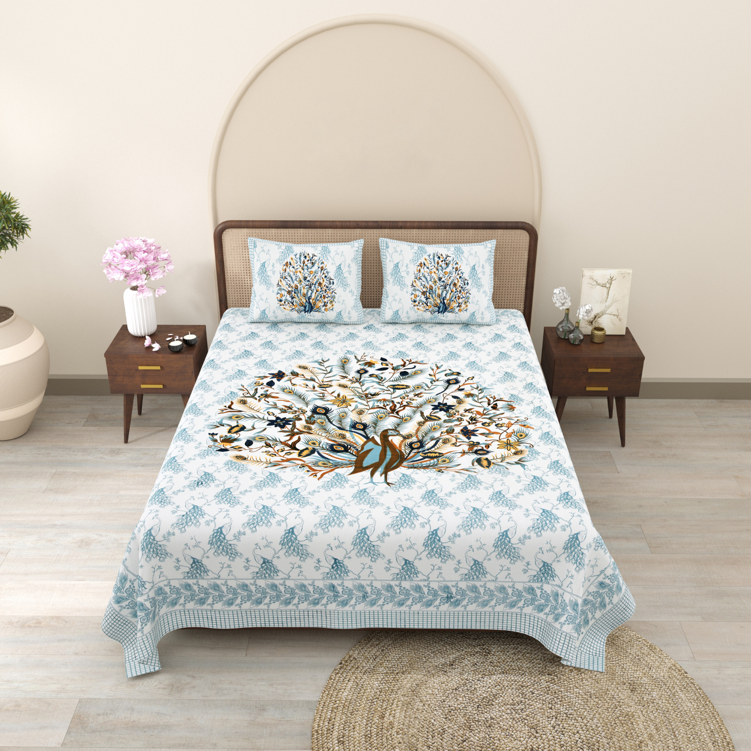 Pure Cotton King Size Peacock Jaipuri Prints Flat Bedsheet (Blue, Brown)