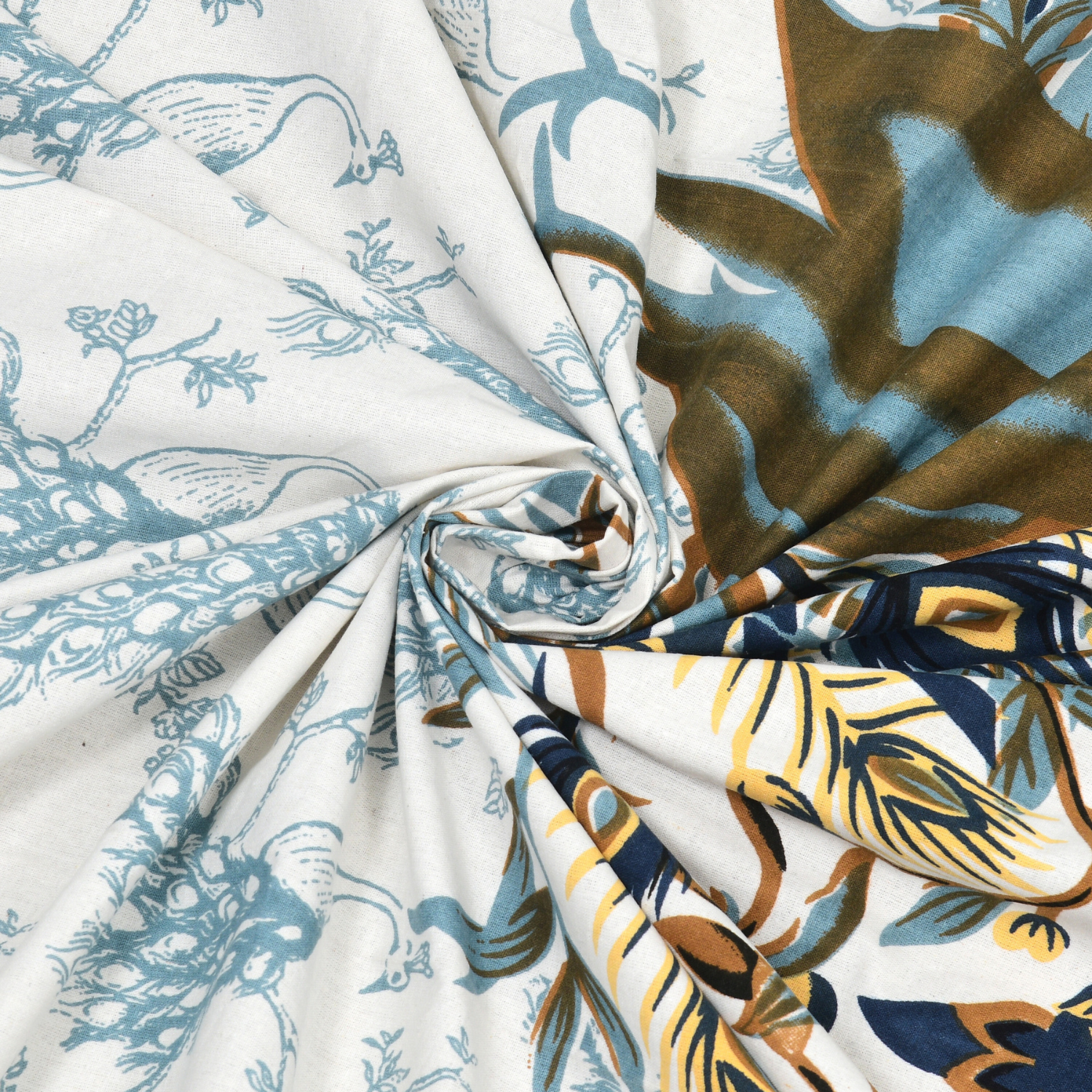 Pure Cotton King Size Peacock Jaipuri Prints Flat Bedsheet (Blue, Brown)