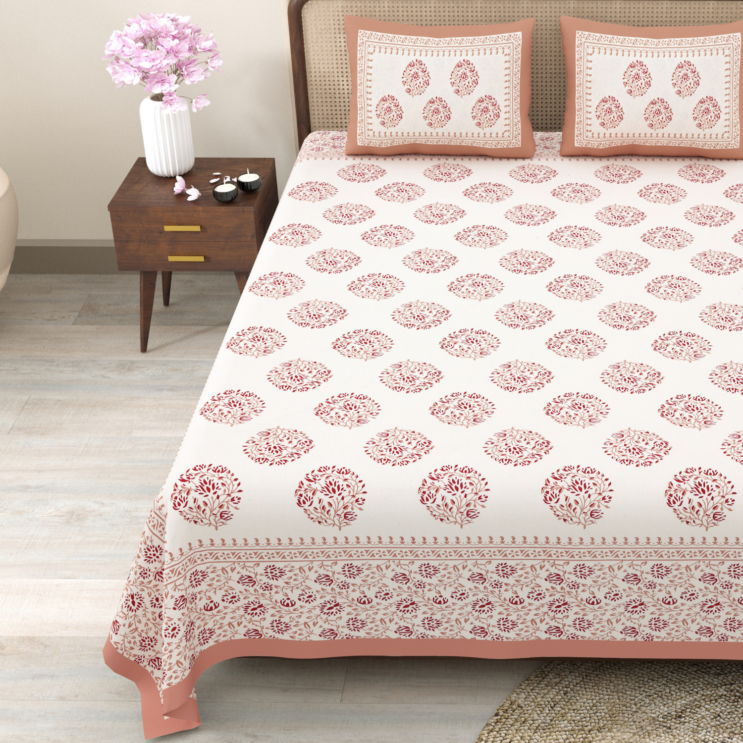 Pure Cotton King Size Floral Jaipuri Prints Flat Bedsheet (Peach, White)