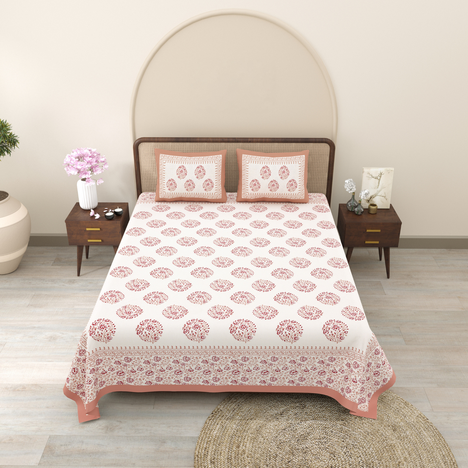 Pure Cotton King Size Floral Jaipuri Prints Flat Bedsheet (Peach, White)