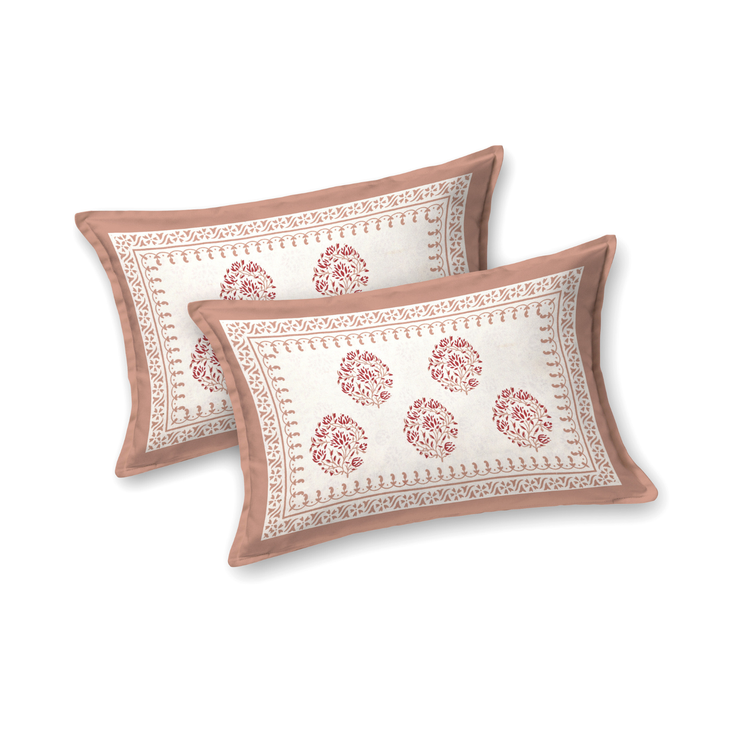 Pure Cotton King Size Floral Jaipuri Prints Flat Bedsheet (Peach, White)
