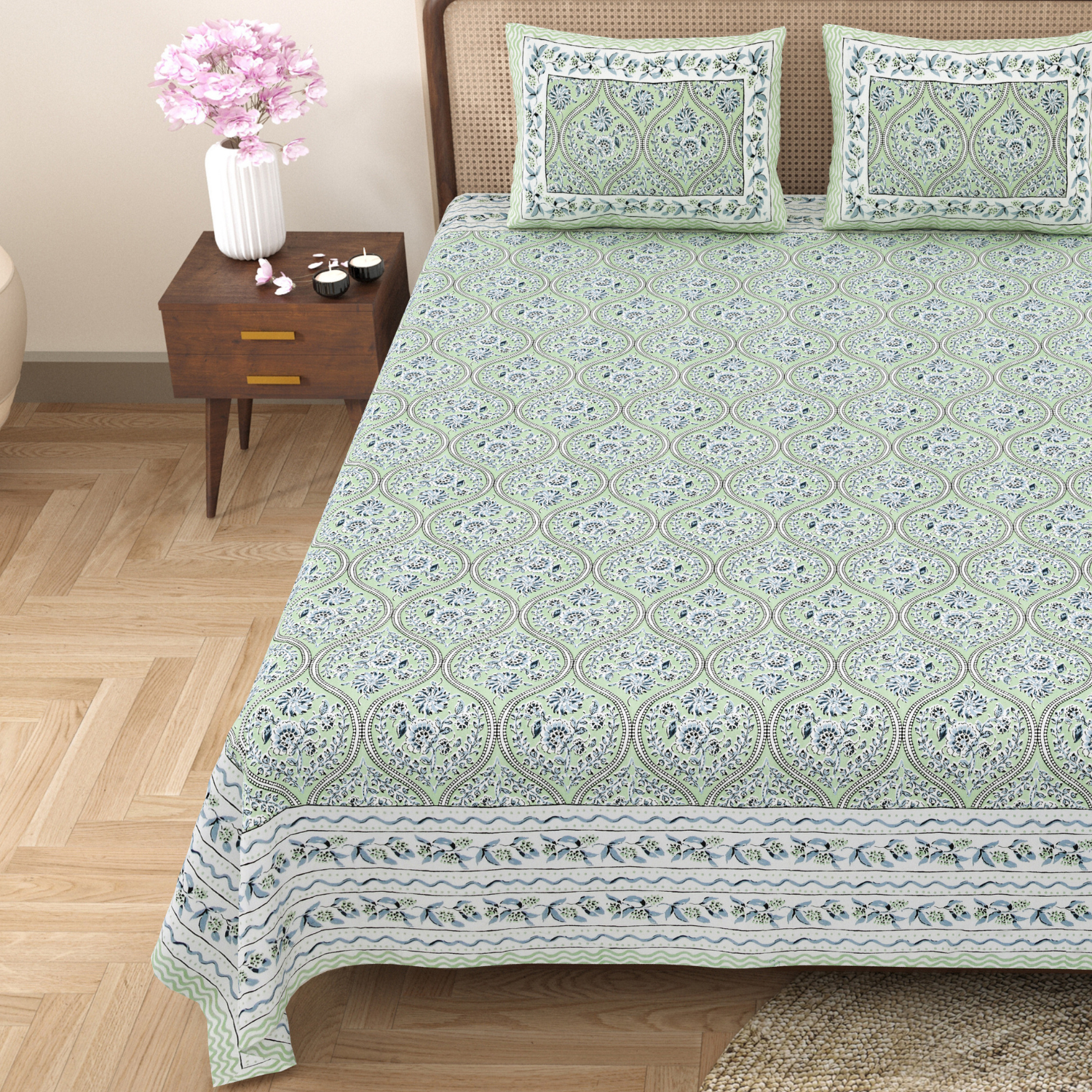 Pure Cotton King Size Floral Jaipuri Prints Flat Bedsheet (Green)