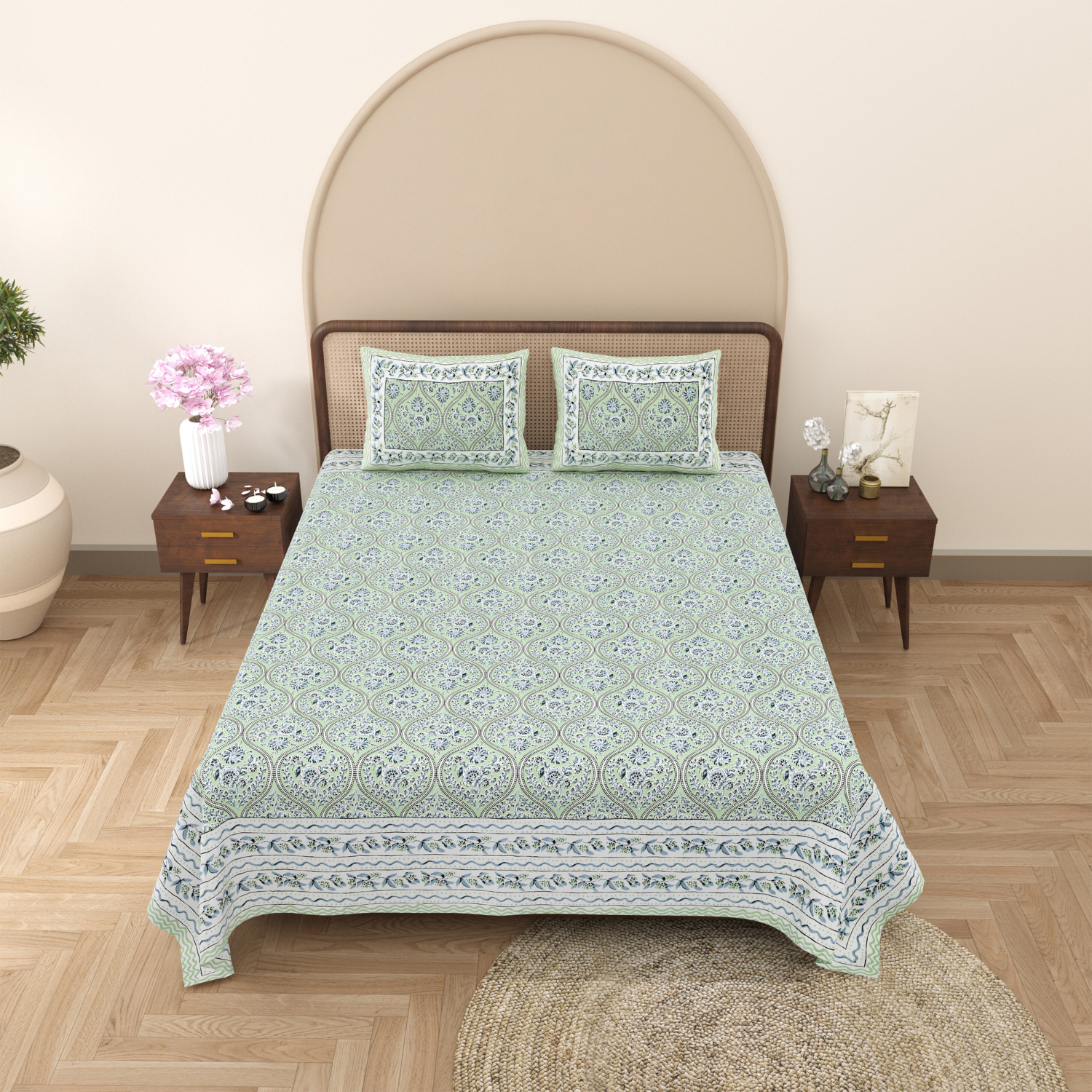 Pure Cotton King Size Floral Jaipuri Prints Flat Bedsheet (Green)