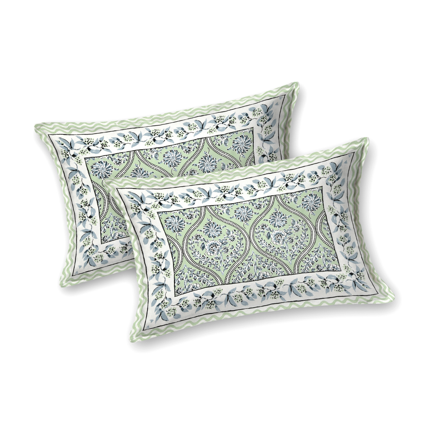 Pure Cotton King Size Floral Jaipuri Prints Flat Bedsheet (Green)