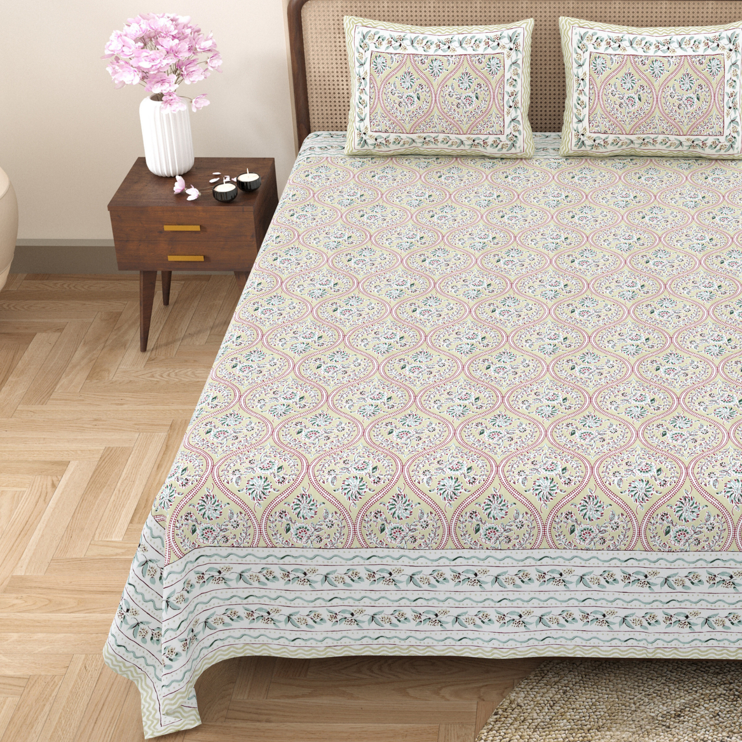Pure Cotton King Size Floral Jaipuri Prints Flat Bedsheet (Pink)
