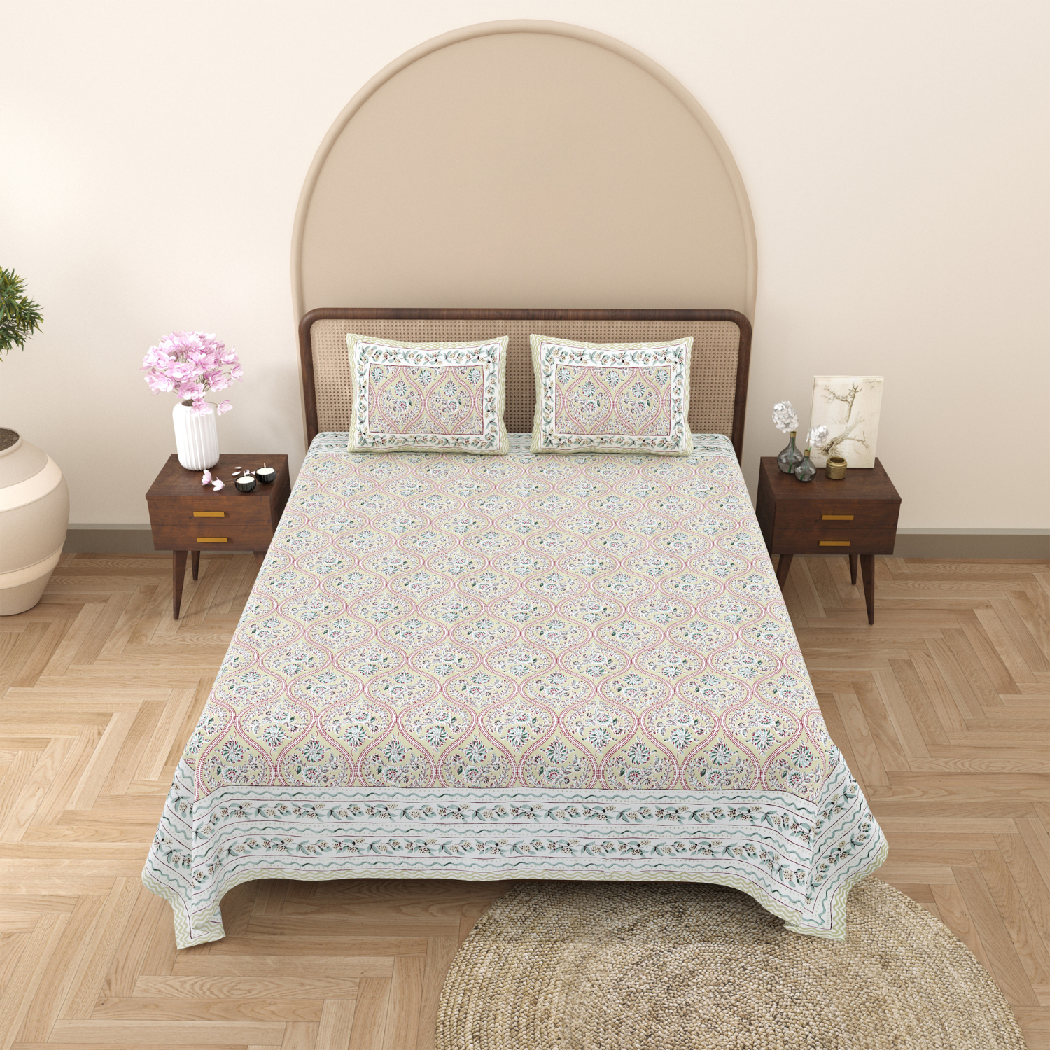 Pure Cotton King Size Floral Jaipuri Prints Flat Bedsheet (Pink)