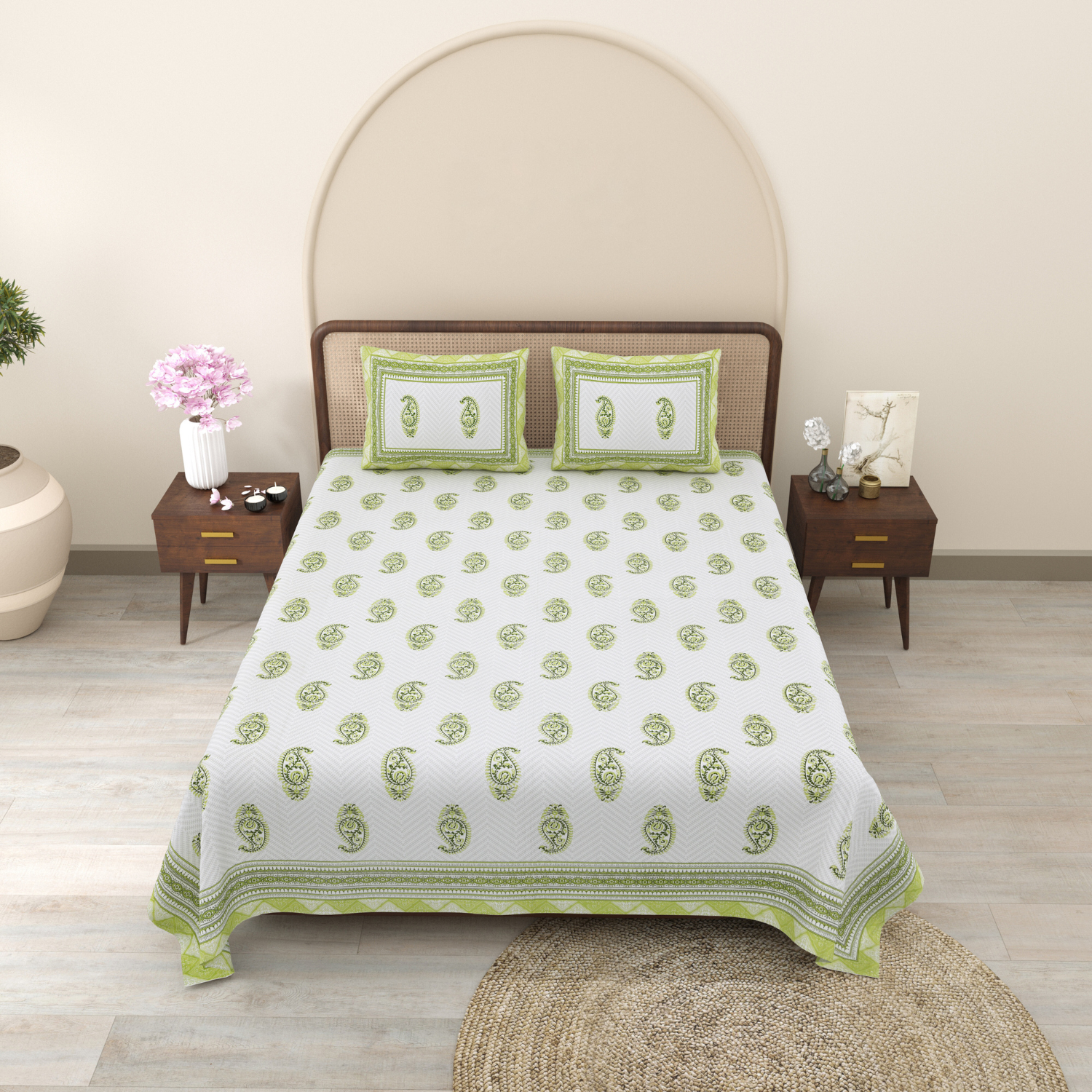 Pure Cotton King Size Floral Jaipuri Prints Flat Bedsheet (Green)