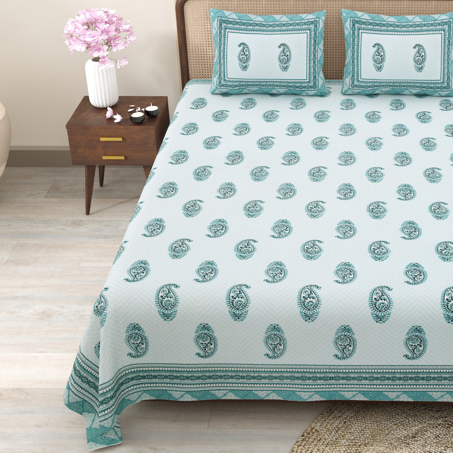 Pure Cotton King Size Floral Jaipuri Prints Flat Bedsheet (Sky)