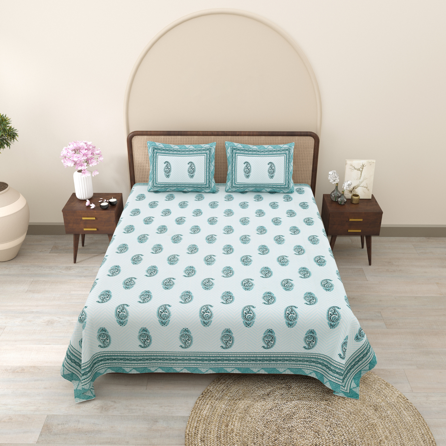 Pure Cotton King Size Floral Jaipuri Prints Flat Bedsheet (Sky)
