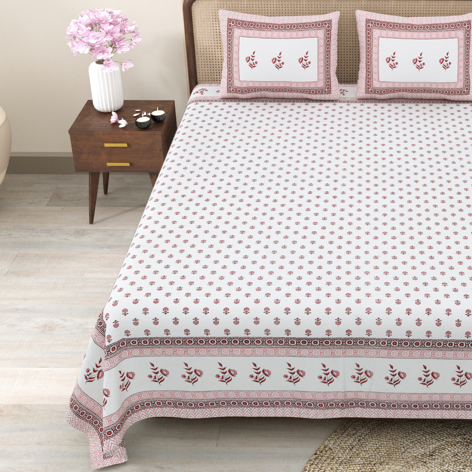 Pure Cotton King Size Floral Jaipuri Prints Flat Bedsheet (Brown, White)