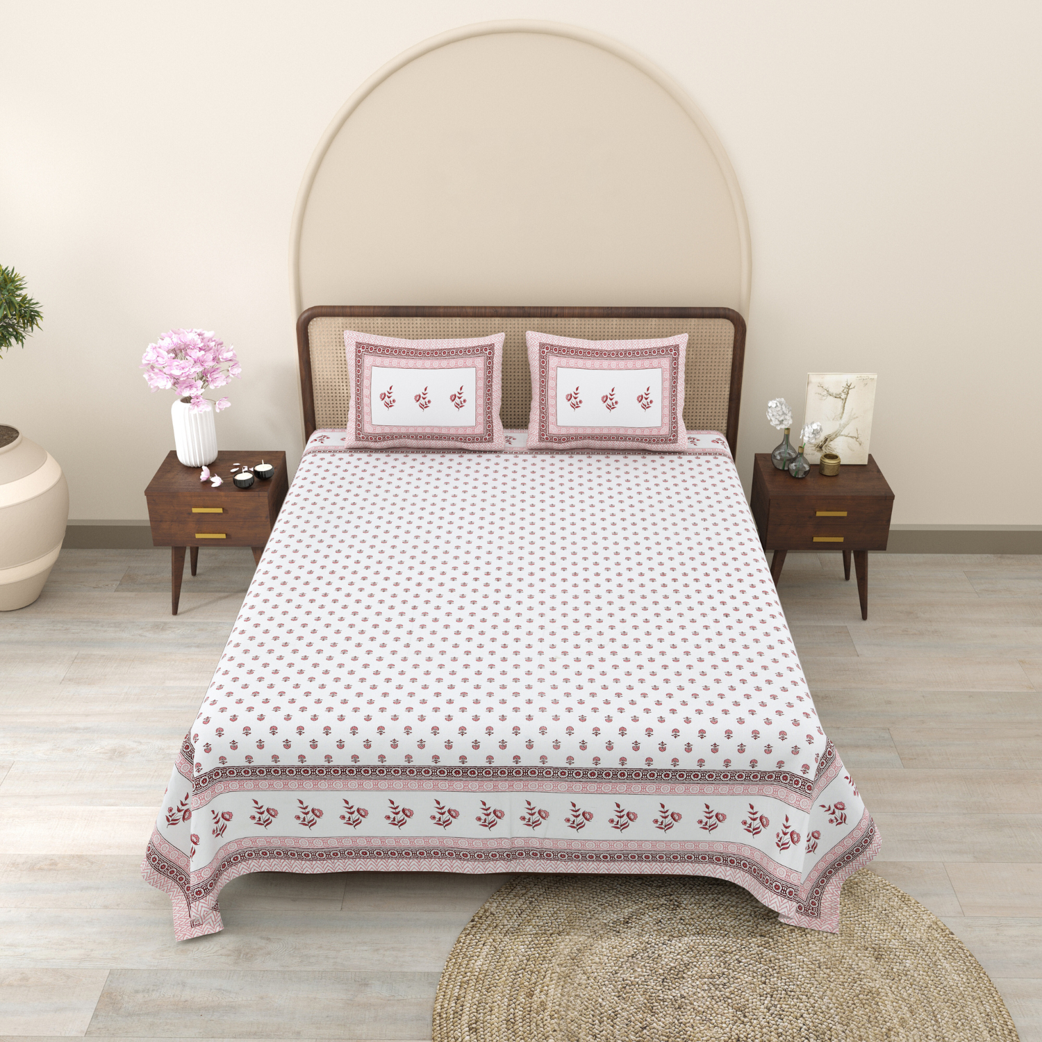 Pure Cotton King Size Floral Jaipuri Prints Flat Bedsheet (Brown, White)