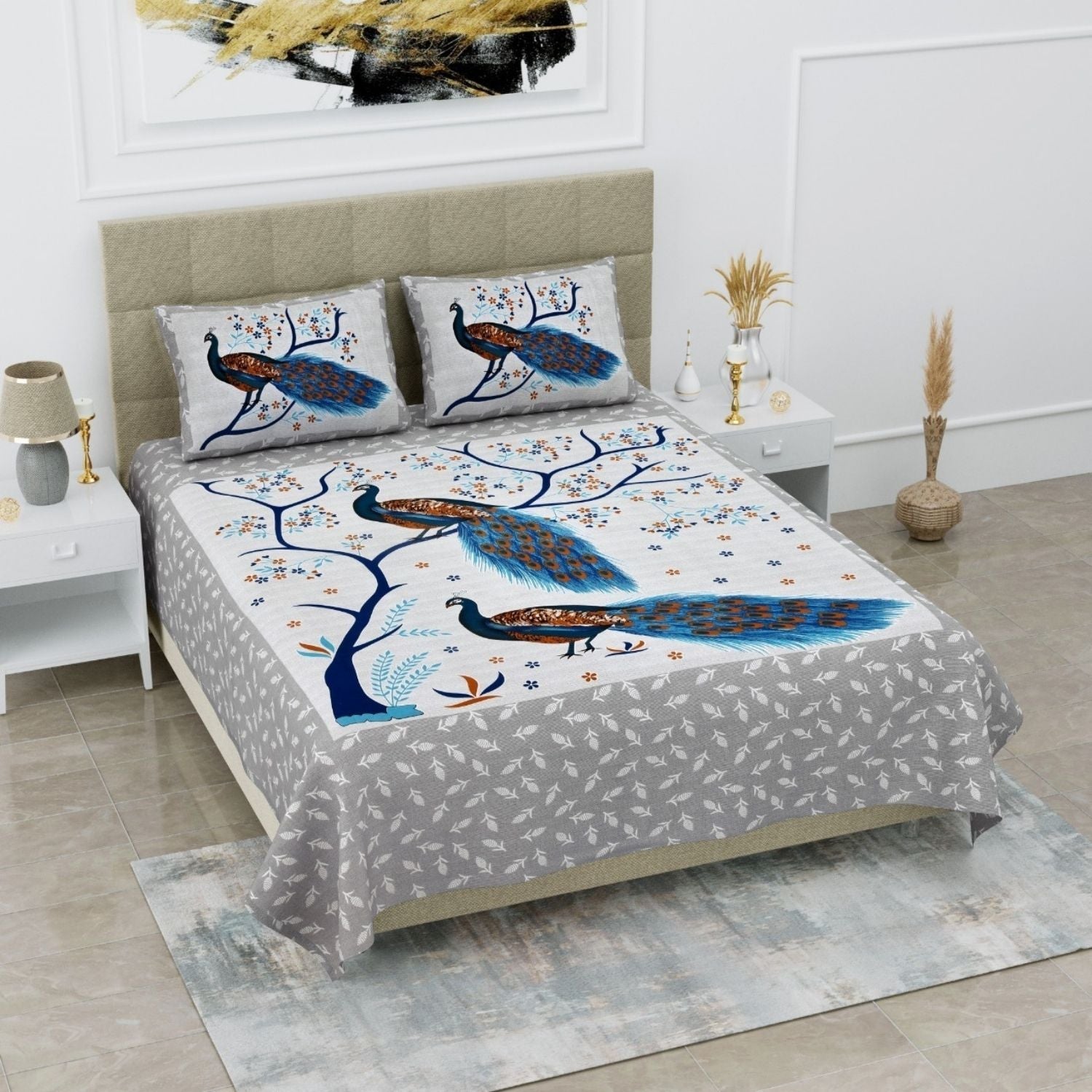 Double Bed Size Pure Cotton Jaipuri Bedsheet (Gray, Mayur)