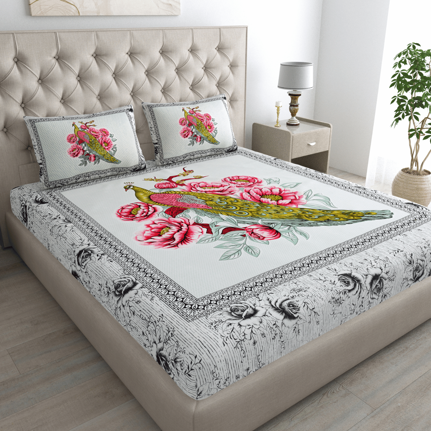 Pure Cotton King Size Peacock Jaipuri Prints Flat Bedsheet (White, Pink)