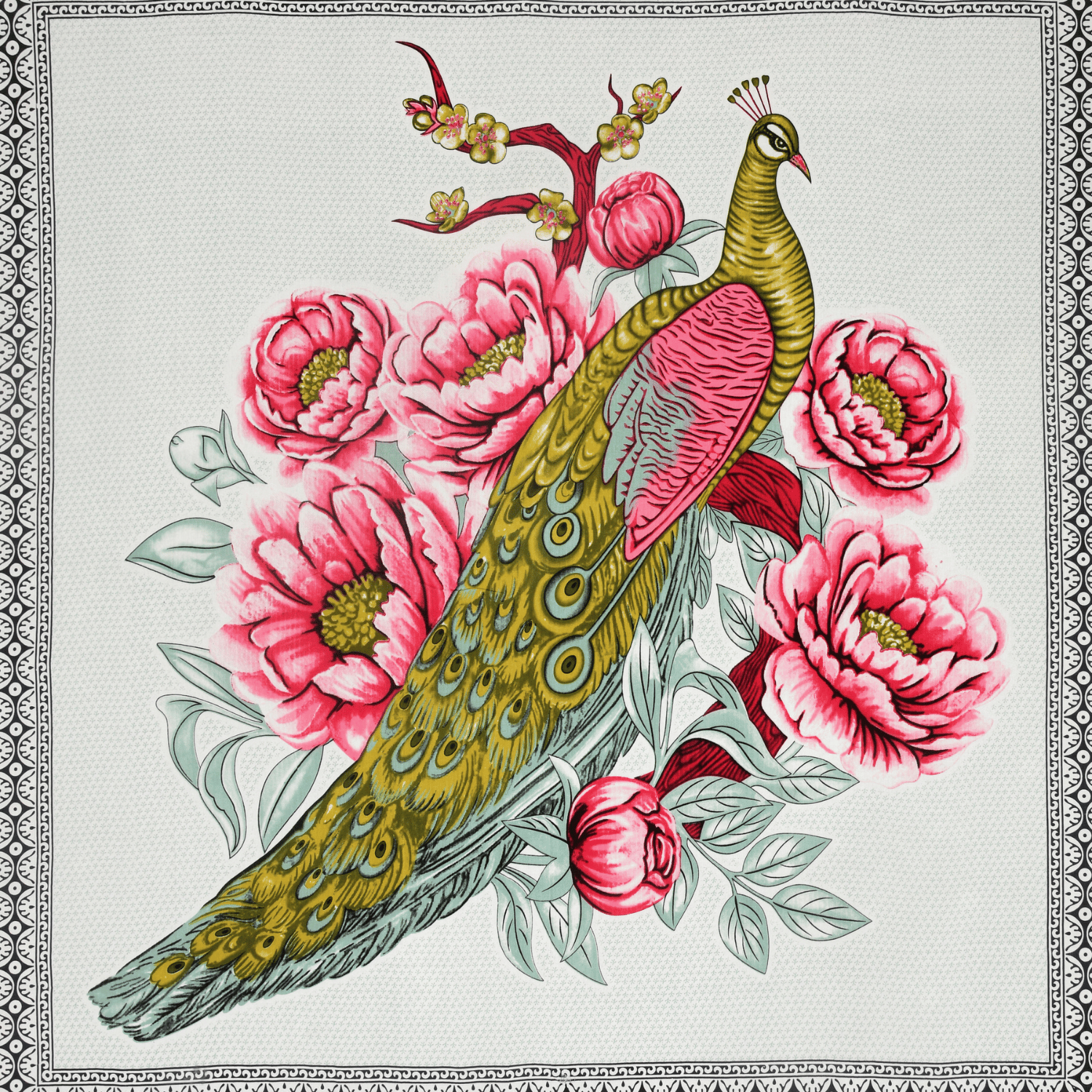 Pure Cotton King Size Peacock Jaipuri Prints Flat Bedsheet (White, Pink)