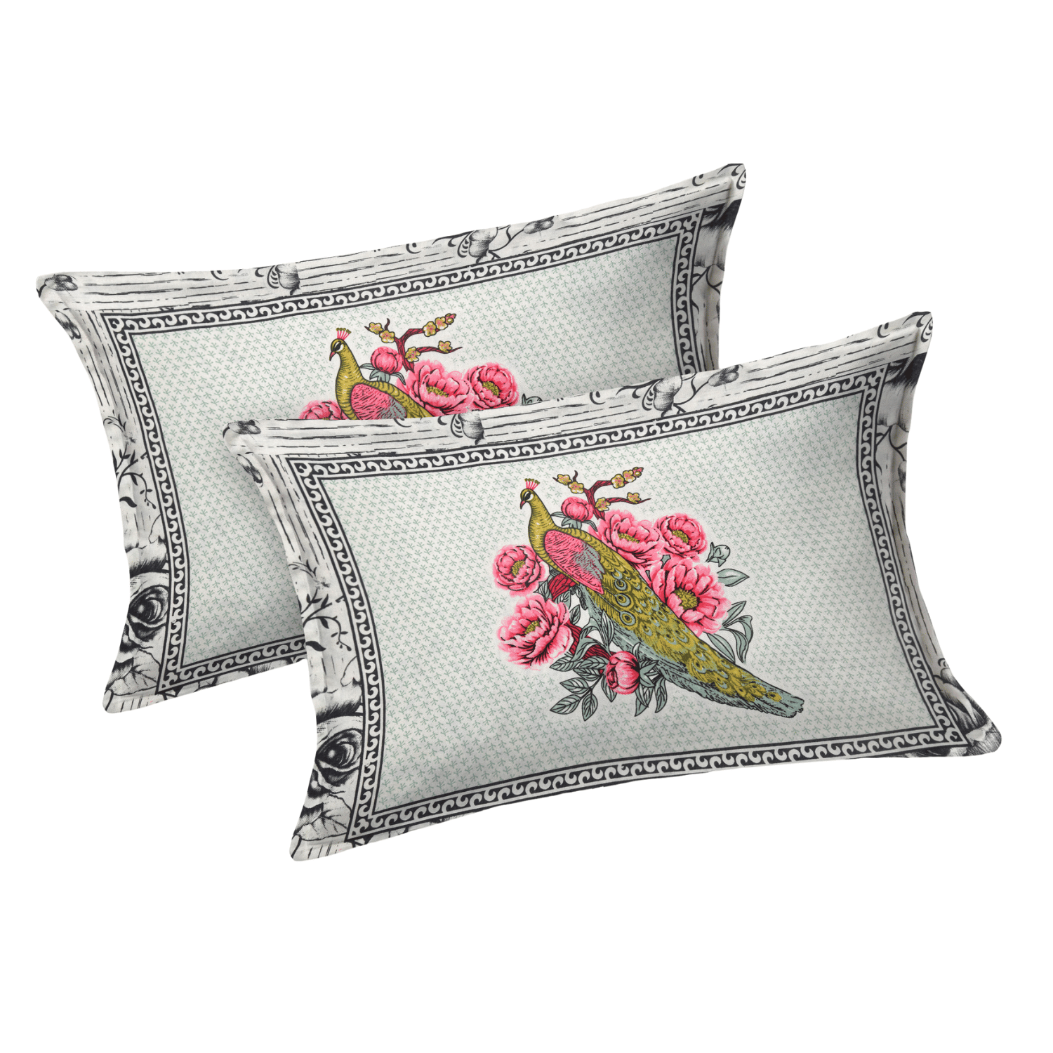 Pure Cotton King Size Peacock Jaipuri Prints Flat Bedsheet (White, Pink)