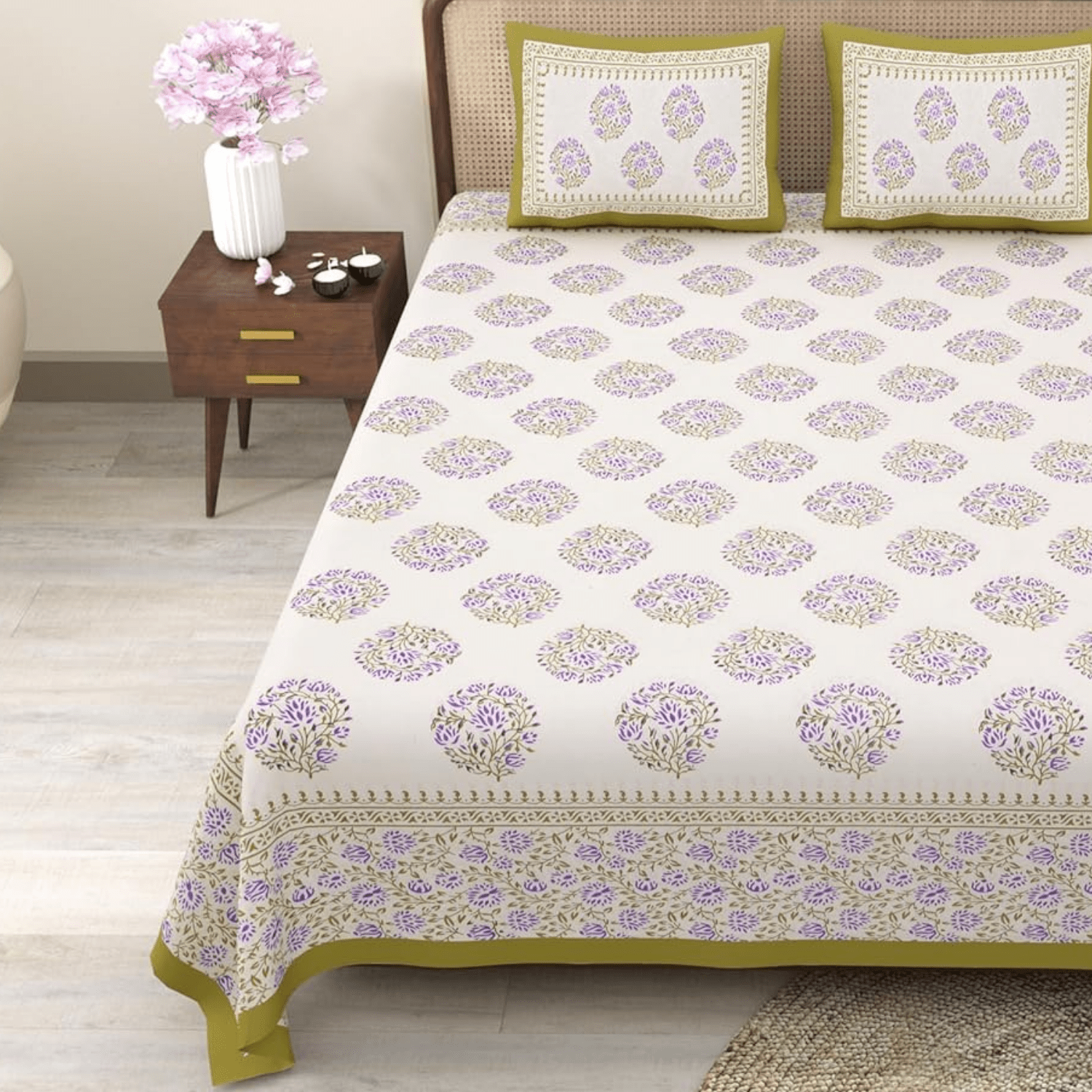 Pure Cotton King Size Floral Jaipuri Prints Flat Bedsheet (Purple, White)