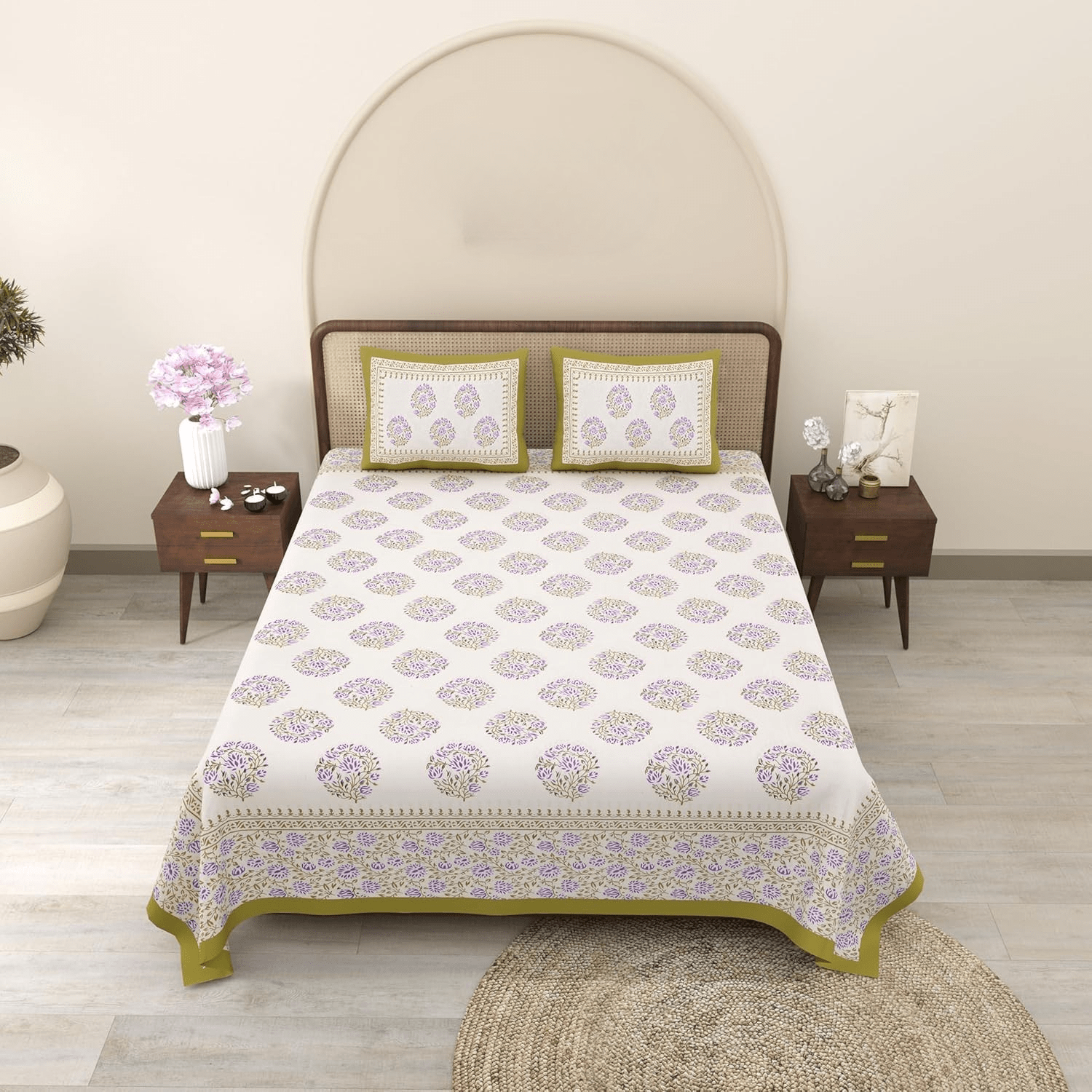 Pure Cotton King Size Floral Jaipuri Prints Flat Bedsheet (Purple, White)