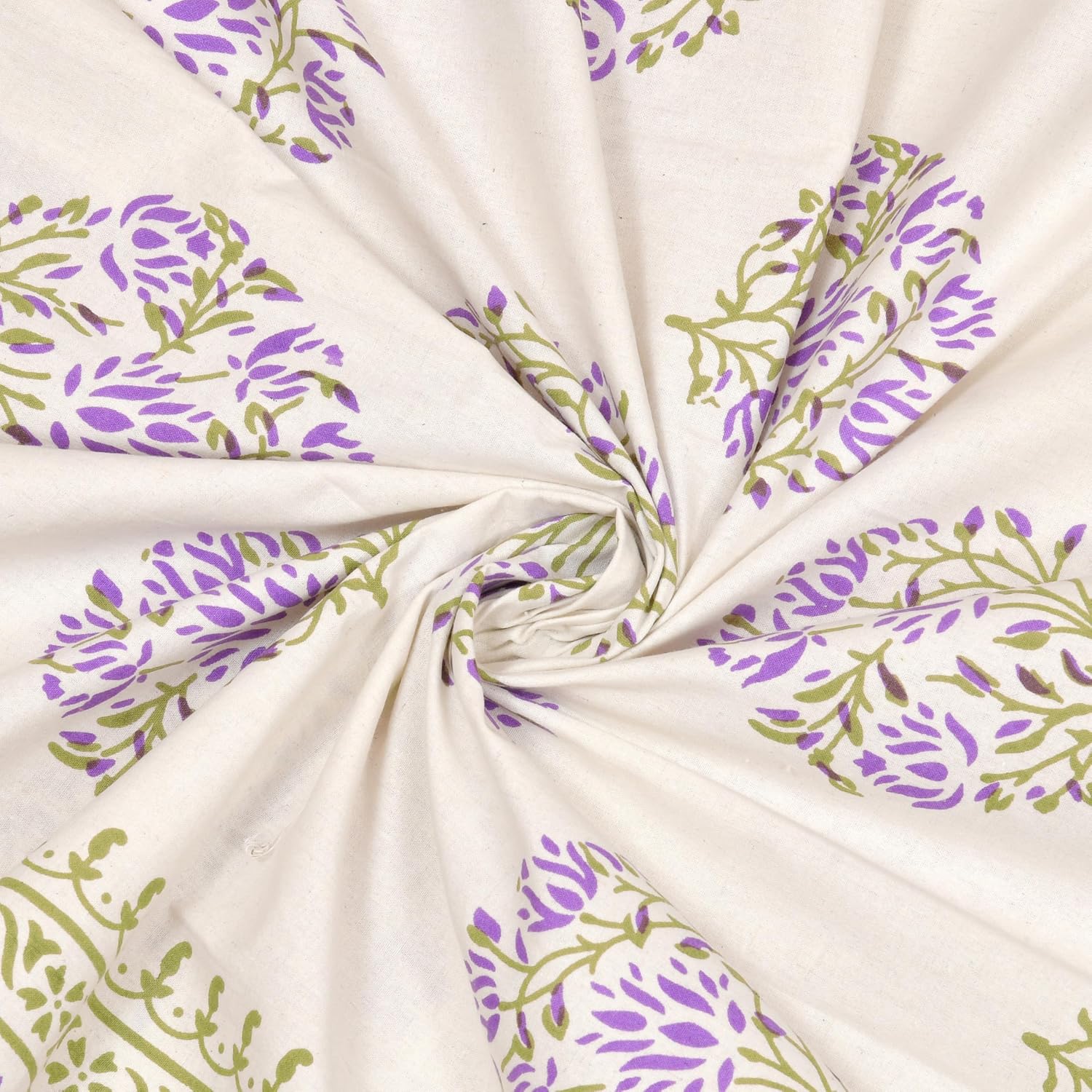 Pure Cotton King Size Floral Jaipuri Prints Flat Bedsheet (Purple, White)