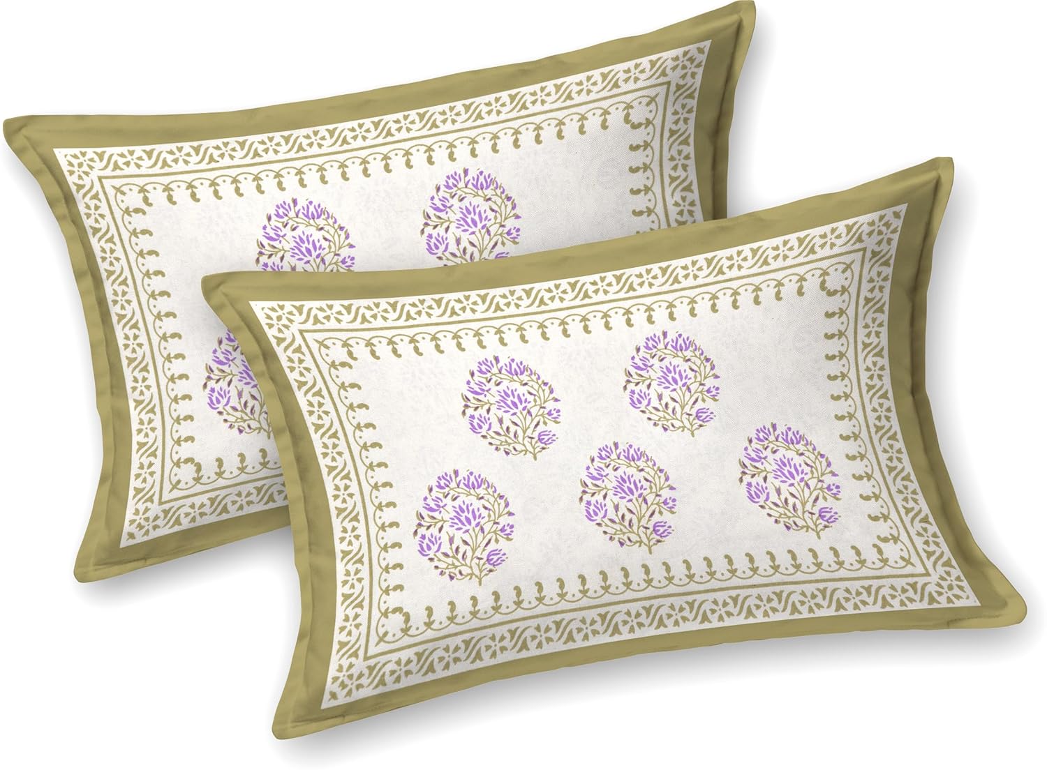 Pure Cotton King Size Floral Jaipuri Prints Flat Bedsheet (Purple, White)