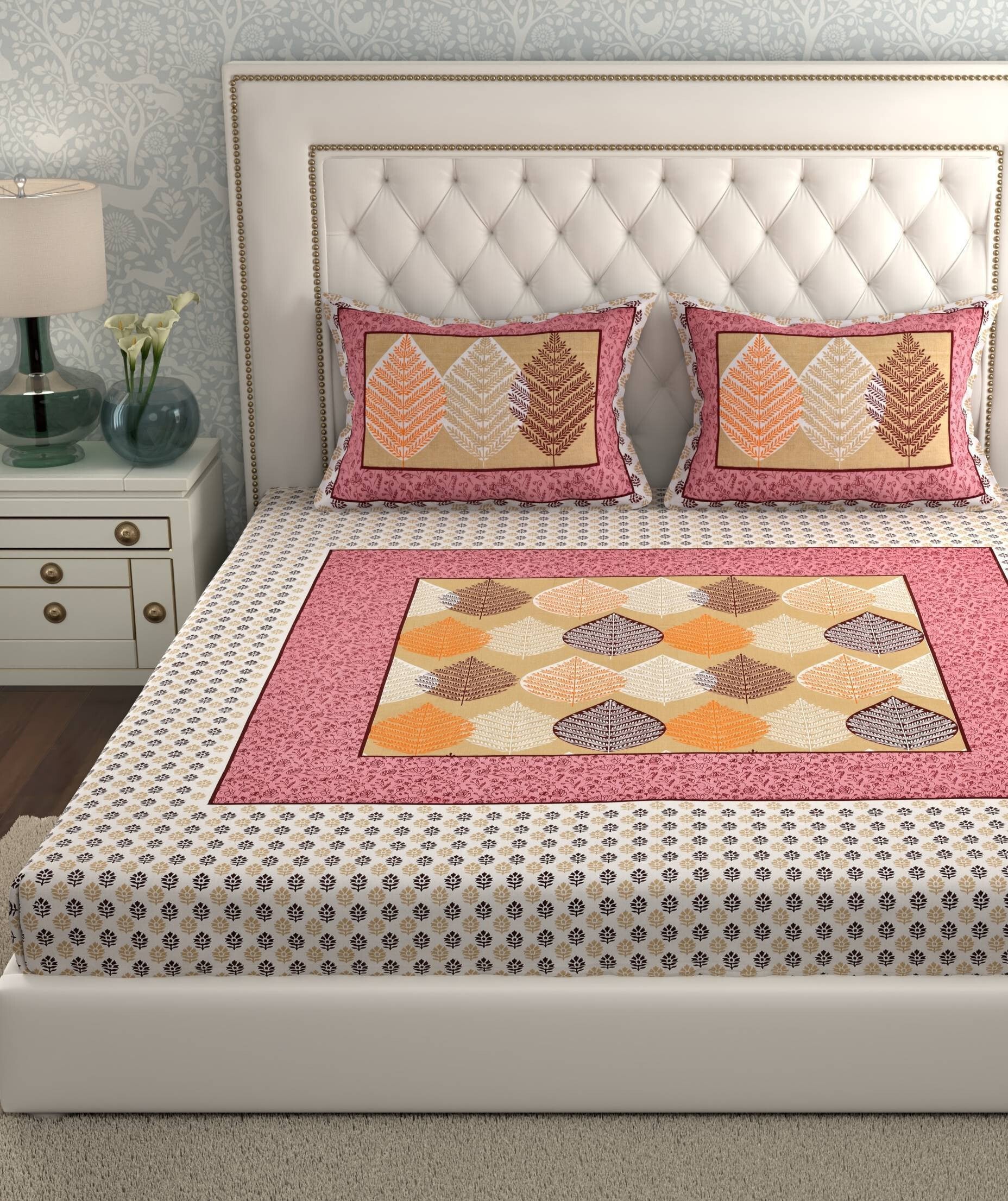 Double Bed Size Pure Cotton Jaipuri Bedsheet (Leaf, Multicolor)