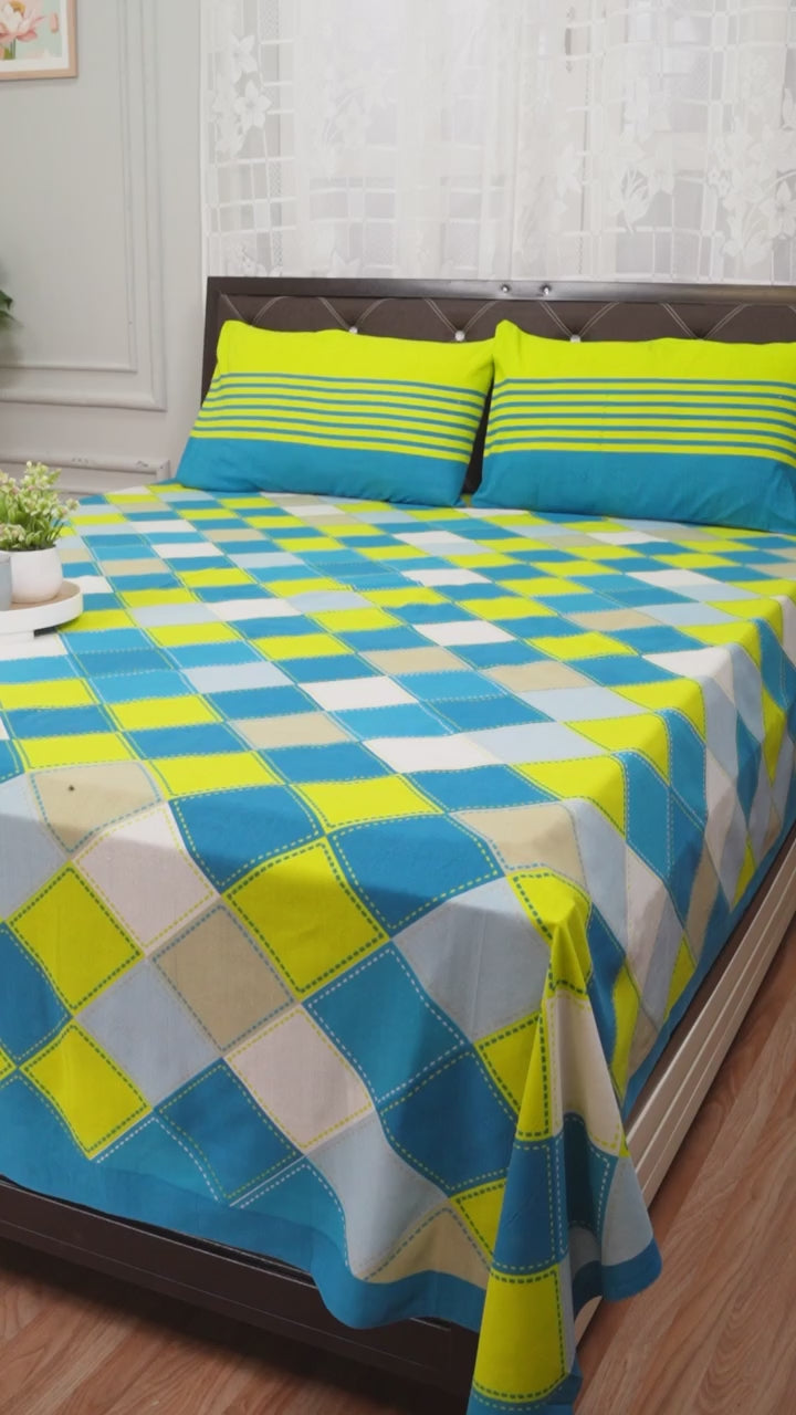 Pure Cotton Jaipuri Bedsheet (Check, Blue)