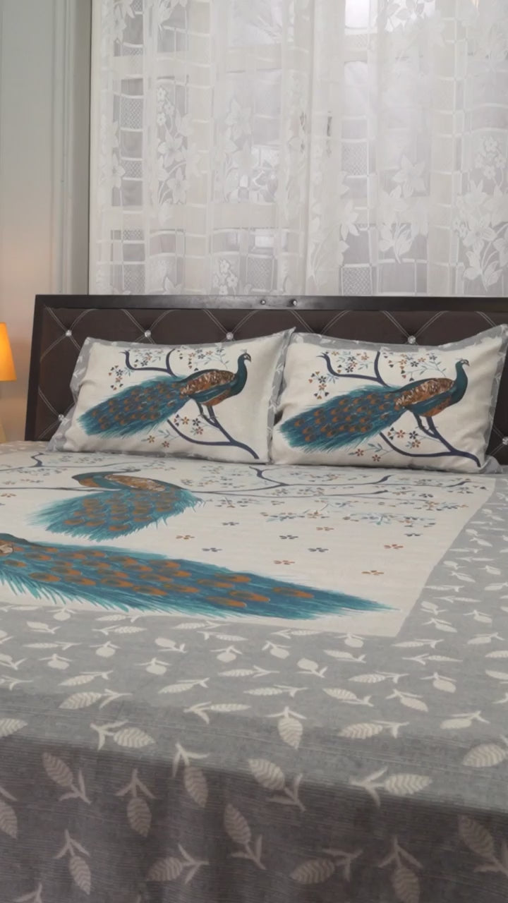 Pure Cotton Jaipuri Bedsheet (Mayur, Gray)